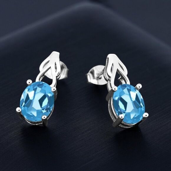 925 Sterling Silver with 3.60 Cttw Swiss Blue Topaz Oval Post Back Drop Earrings - Picture 2 of 4